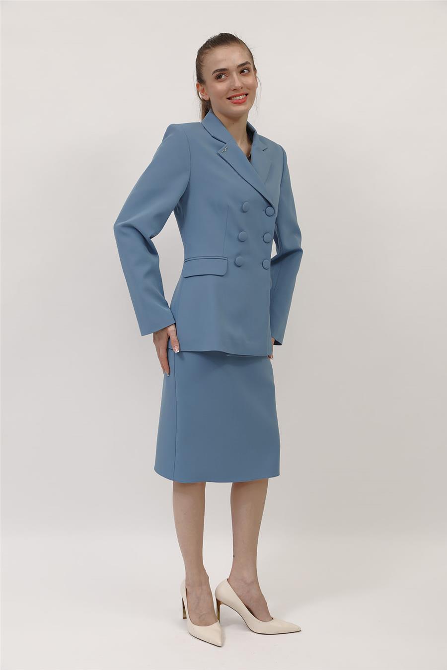 Düğmeli Klasik Blazer Ceket & Kısa Kalem Etek Kadın Takım Elbise-Deniz - 1181540