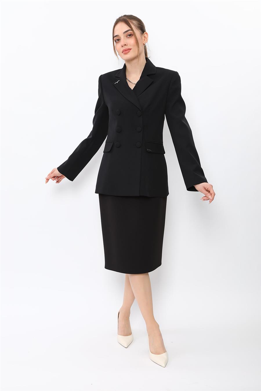 Düğmeli Klasik Blazer Ceket & Kısa Kalem Etek Kadın Takım Elbise-Siyah - 1181540