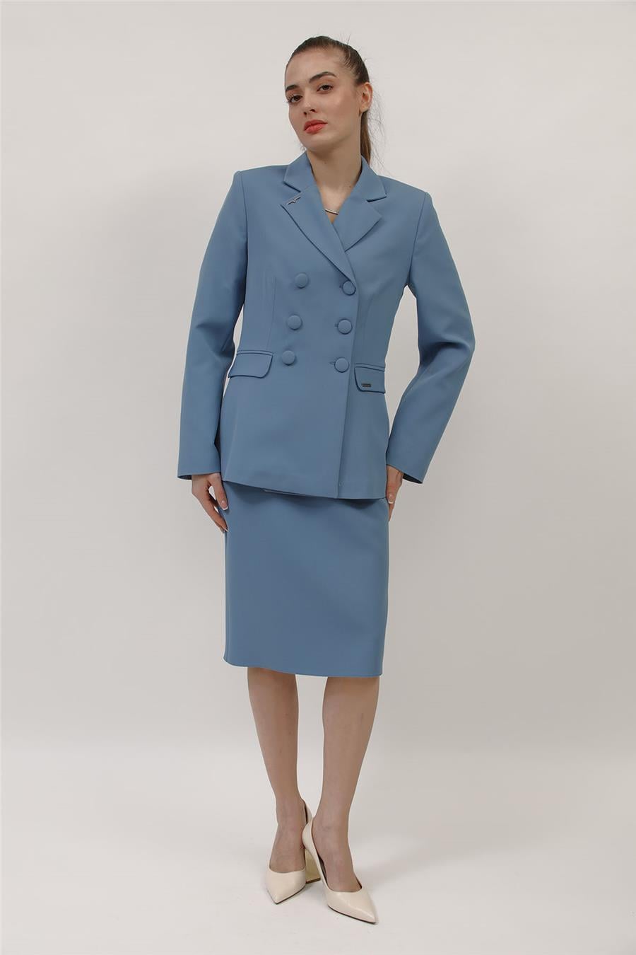 Düğmeli Klasik Blazer Ceket & Kısa Kalem Etek Kadın Takım Elbise-Deniz - 1181540