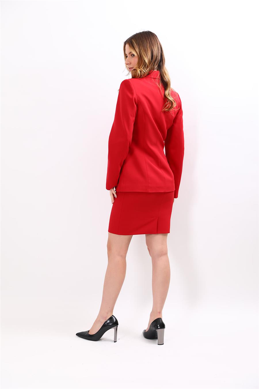 Düğmeli Klasik Blazer Ceket & Mini Yırtmaçlı Kısa Dar Etek Kadın Takım Elbise-Kırmızı - 1181502