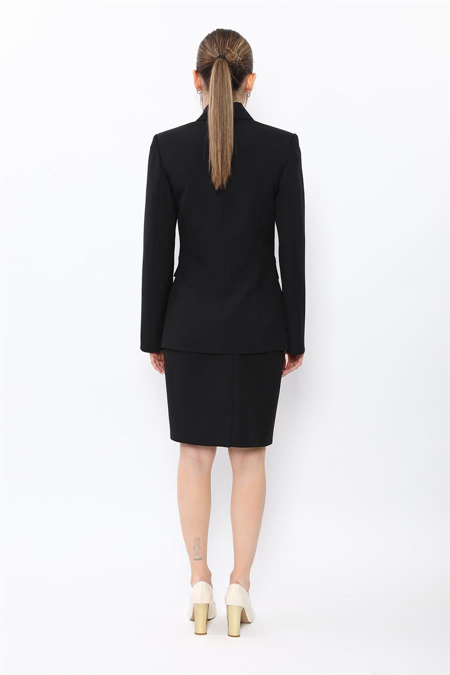 Düğmeli Klasik Blazer Ceket & Mini Yırtmaçlı Kısa Dar Etek Kadın Takım Elbise-Siyah - 1181502