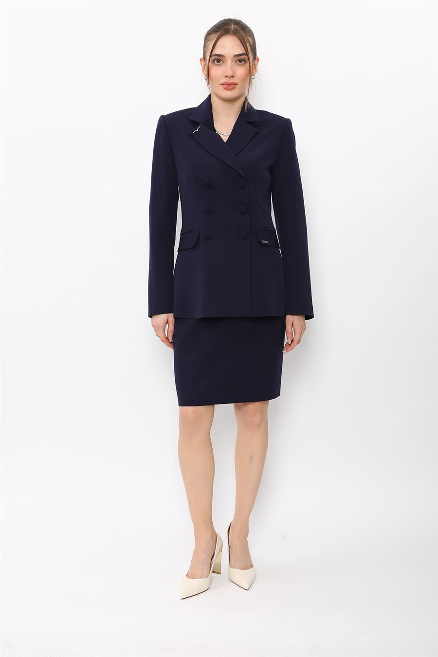Düğmeli Klasik Blazer Ceket & Mini Yırtmaçlı Kısa Dar Etek Kadın Takım Elbise-Lacivert - 1181502