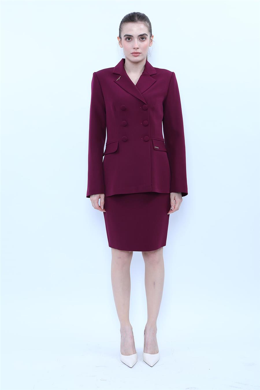 Düğmeli Klasik Blazer Ceket & Mini Yırtmaçlı Kısa Dar Etek Kadın Takım Elbise-Mürdüm - 1181502