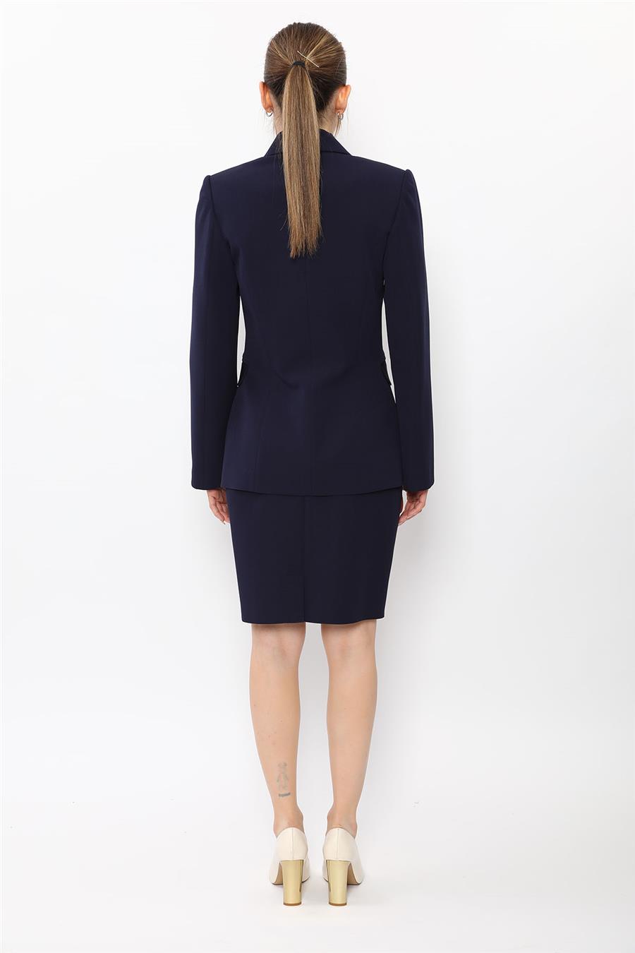 Düğmeli Klasik Blazer Ceket & Mini Yırtmaçlı Kısa Dar Etek Kadın Takım Elbise-Lacivert - 1181502