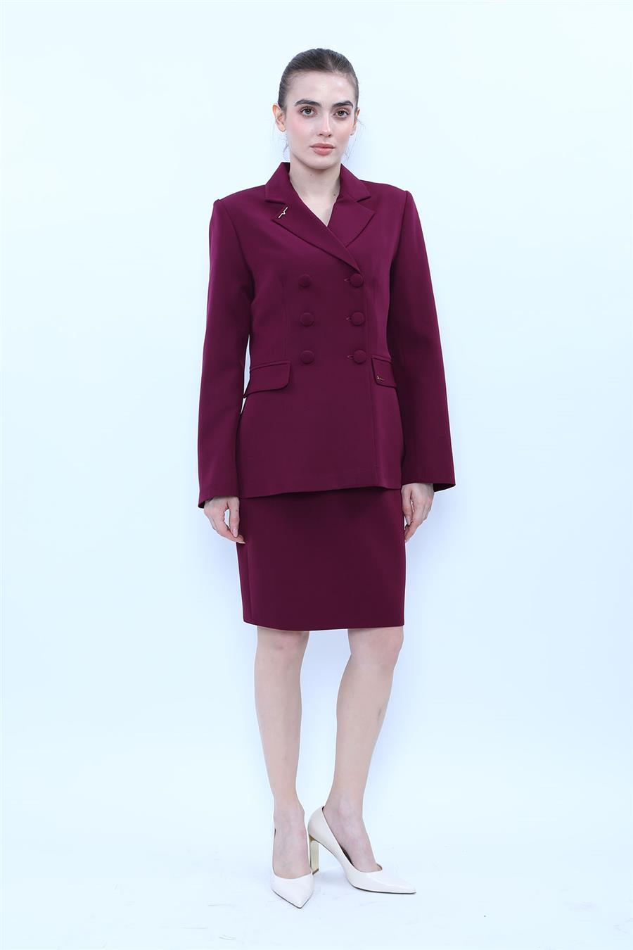 Düğmeli Klasik Blazer Ceket & Mini Yırtmaçlı Kısa Dar Etek Kadın Takım Elbise-Mürdüm - 1181502