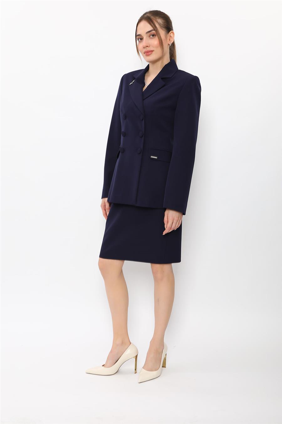 Düğmeli Klasik Blazer Ceket & Mini Yırtmaçlı Kısa Dar Etek Kadın Takım Elbise-Lacivert - 1181502