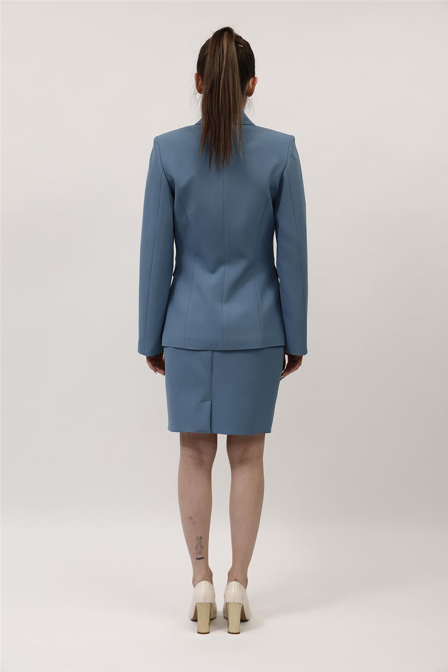 Düğmeli Klasik Blazer Ceket & Mini Yırtmaçlı Kısa Dar Etek Kadın Takım Elbise-Deniz - 1181502