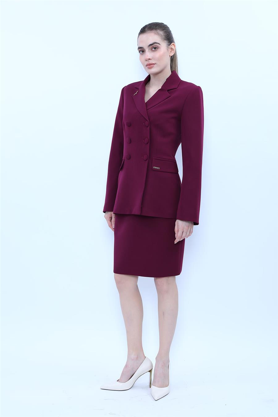 Düğmeli Klasik Blazer Ceket & Mini Yırtmaçlı Kısa Dar Etek Kadın Takım Elbise-Mürdüm - 1181502
