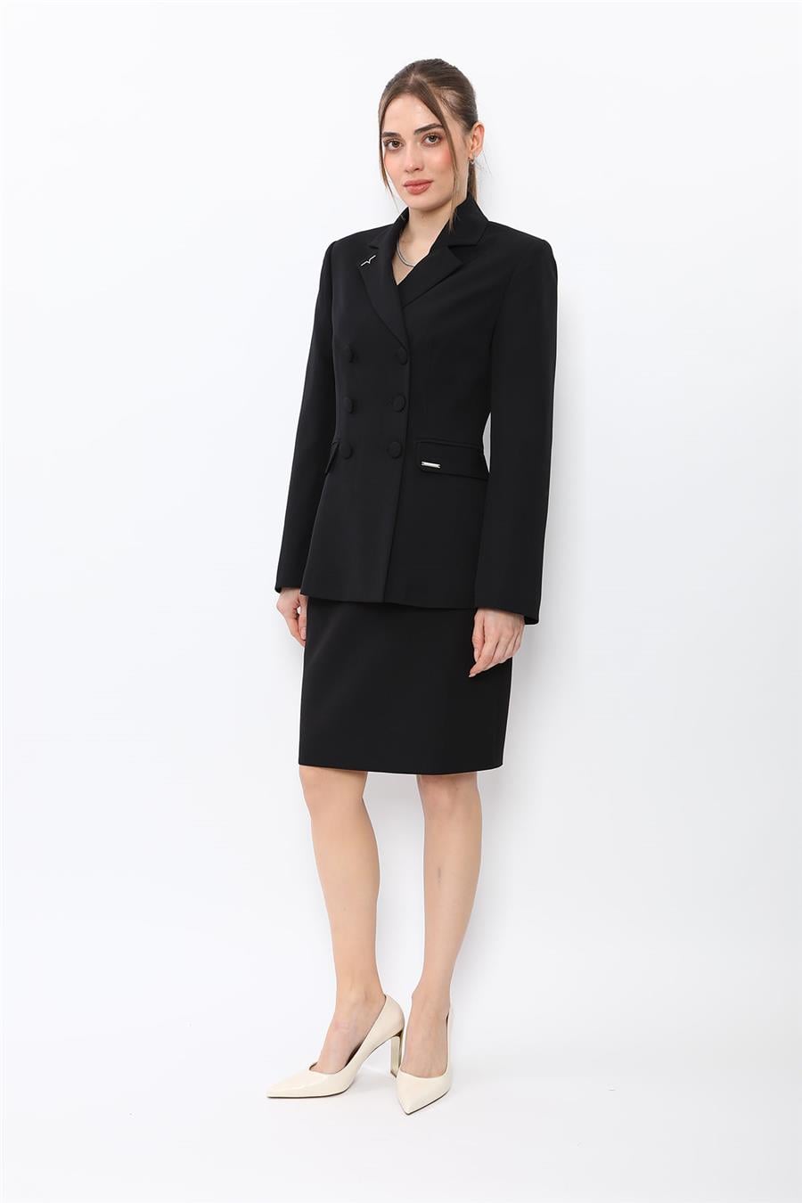 Düğmeli Klasik Blazer Ceket & Mini Yırtmaçlı Kısa Dar Etek Kadın Takım Elbise-Siyah - 1181502
