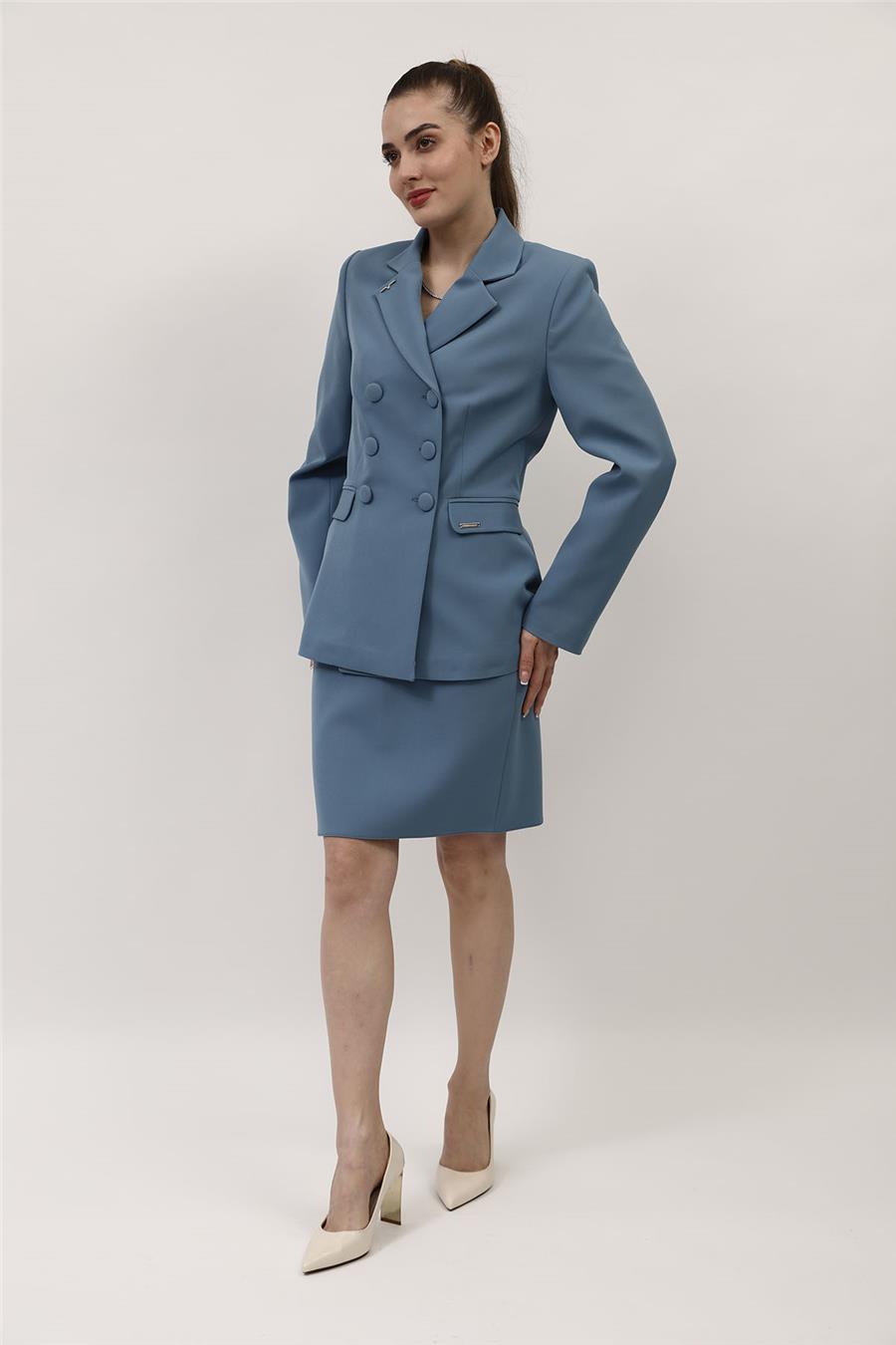 Düğmeli Klasik Blazer Ceket & Mini Yırtmaçlı Kısa Dar Etek Kadın Takım Elbise-Deniz - 1181502