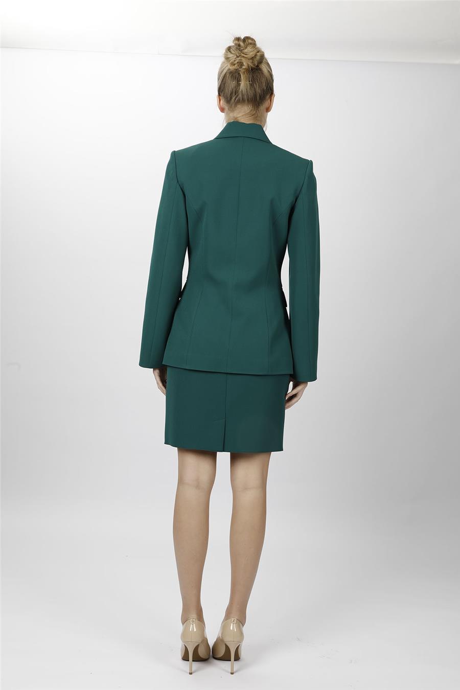 Düğmeli Klasik Blazer Ceket & Mini Yırtmaçlı Kısa Dar Etek Kadın Takım Elbise-Zümrüt - 1181502
