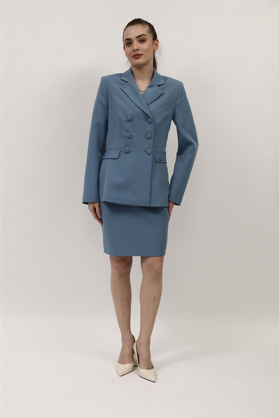 Düğmeli Klasik Blazer Ceket & Mini Yırtmaçlı Kısa Dar Etek Kadın Takım Elbise-Deniz - 1181502