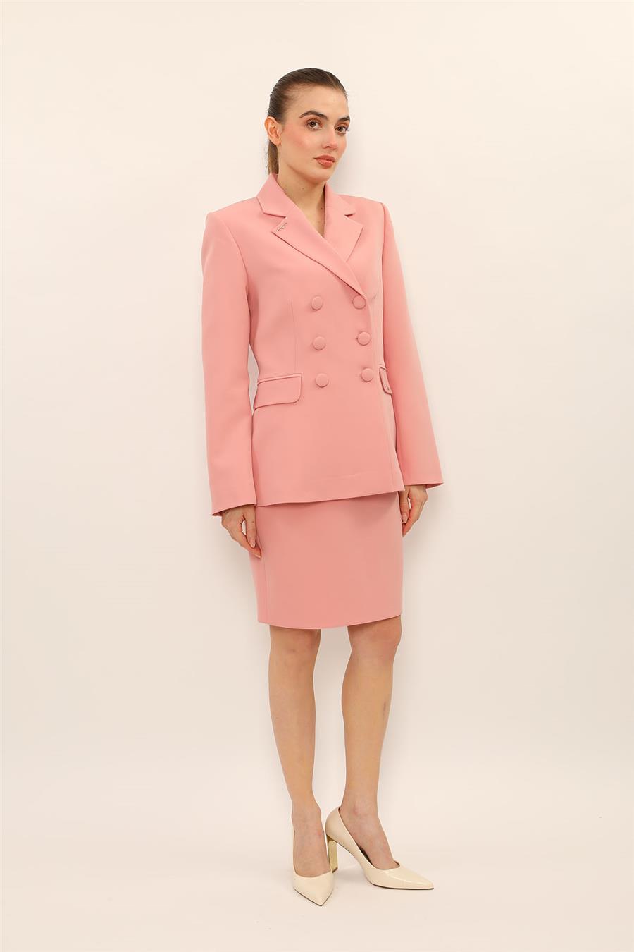 Düğmeli Klasik Blazer Ceket & Mini Yırtmaçlı Kısa Dar Etek Kadın Takım Elbise-Pudra - 1181502