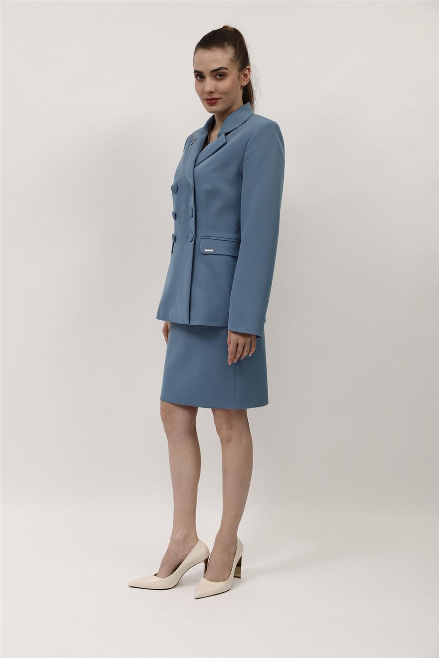 Düğmeli Klasik Blazer Ceket & Mini Yırtmaçlı Kısa Dar Etek Kadın Takım Elbise-Deniz - 1181502