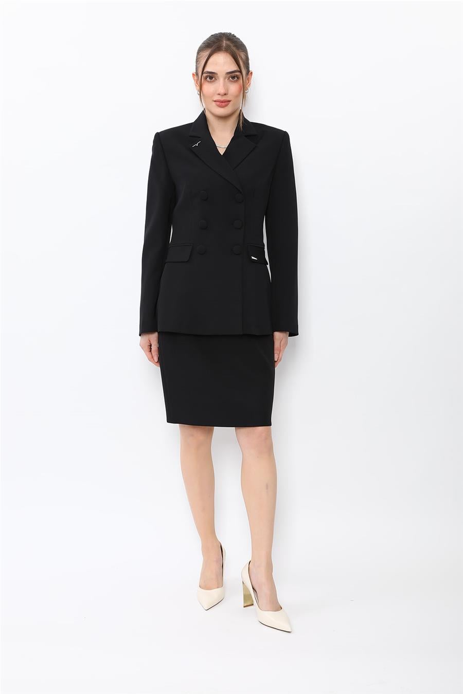 Düğmeli Klasik Blazer Ceket & Mini Yırtmaçlı Kısa Dar Etek Kadın Takım Elbise-Siyah - 1181502