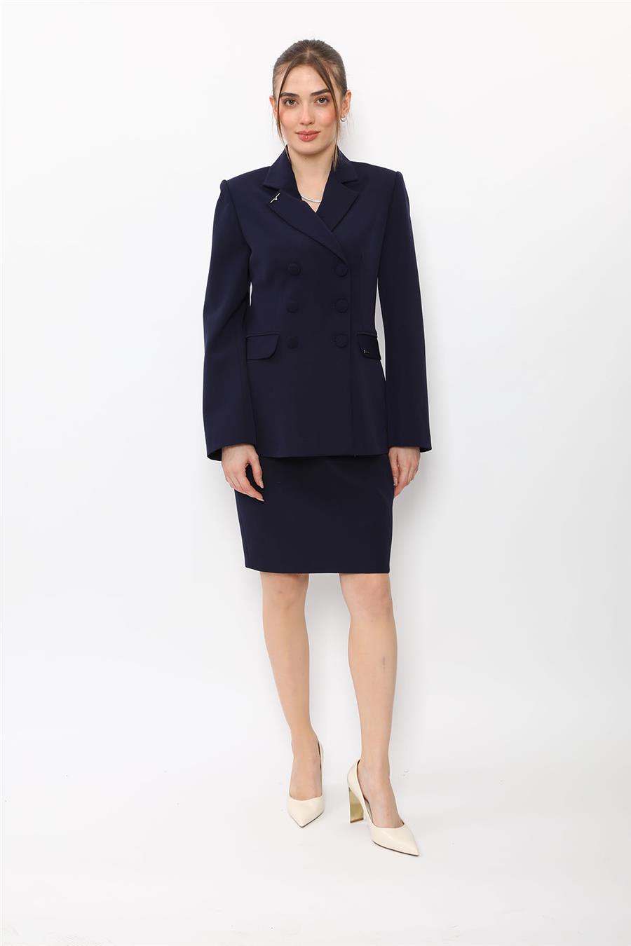 Düğmeli Klasik Blazer Ceket & Mini Yırtmaçlı Kısa Dar Etek Kadın Takım Elbise-Lacivert - 1181502