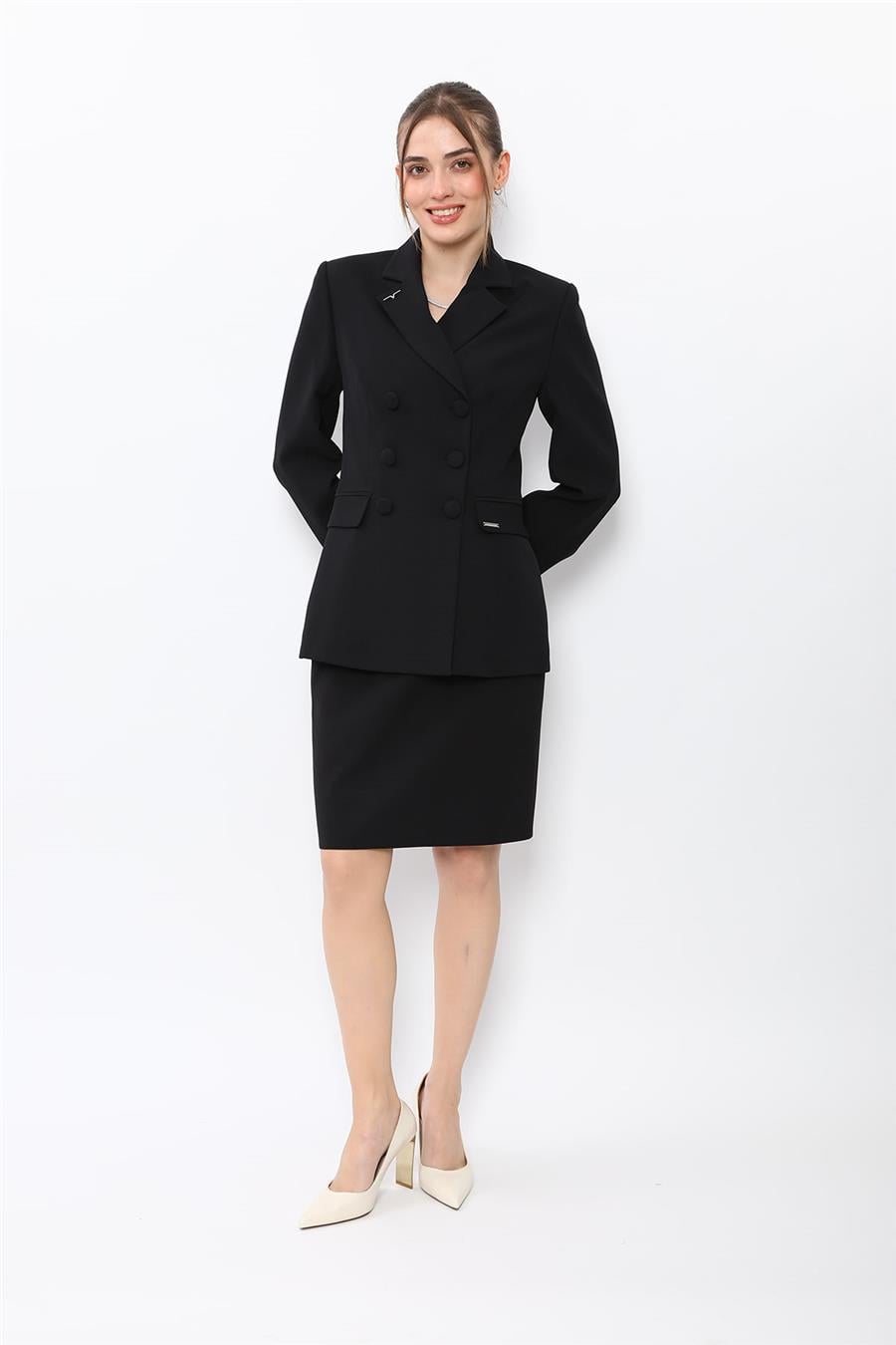 Düğmeli Klasik Blazer Ceket & Mini Yırtmaçlı Kısa Dar Etek Kadın Takım Elbise-Siyah - 1181502