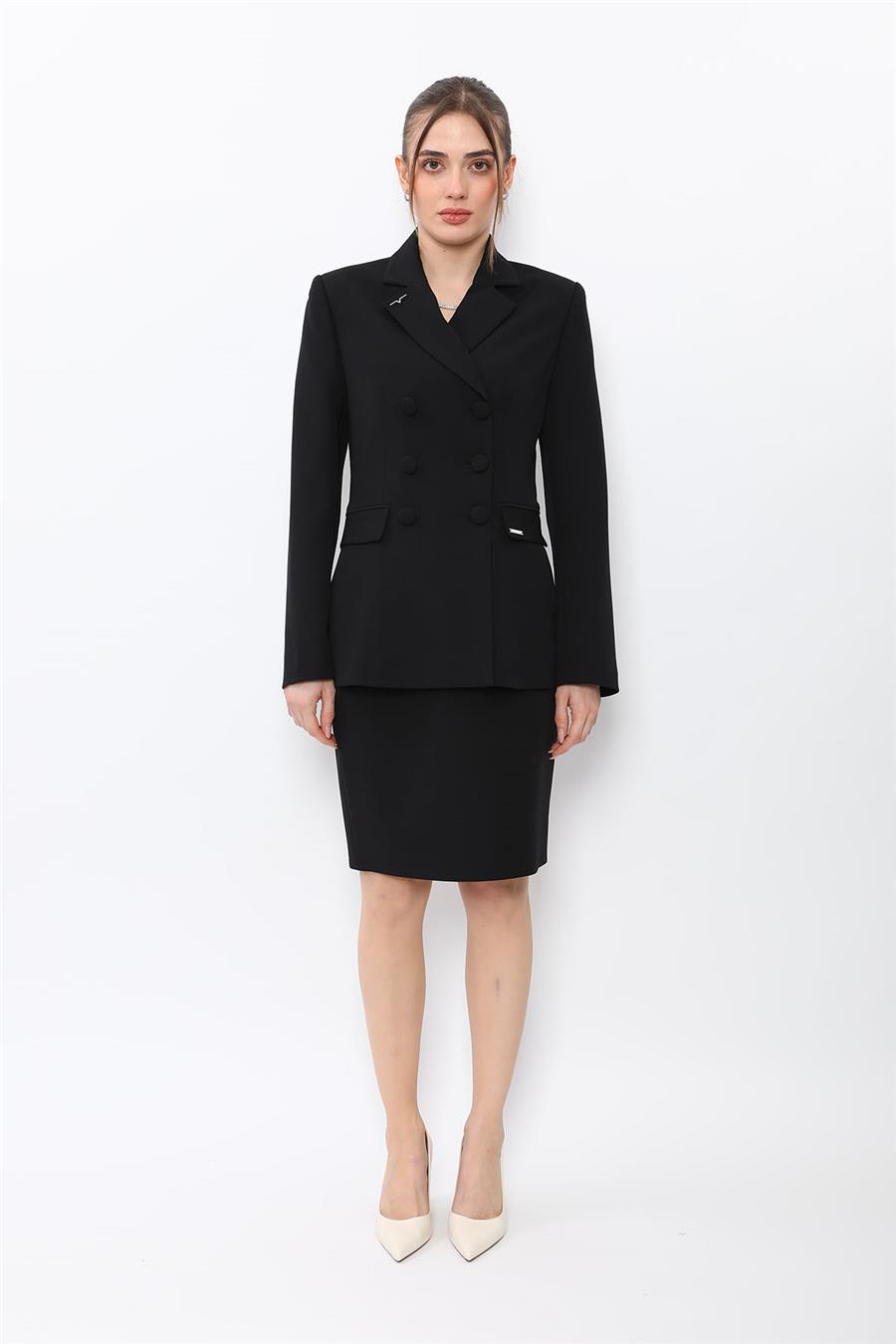 Düğmeli Klasik Blazer Ceket & Mini Yırtmaçlı Kısa Dar Etek Kadın Takım Elbise-Siyah - 1181502