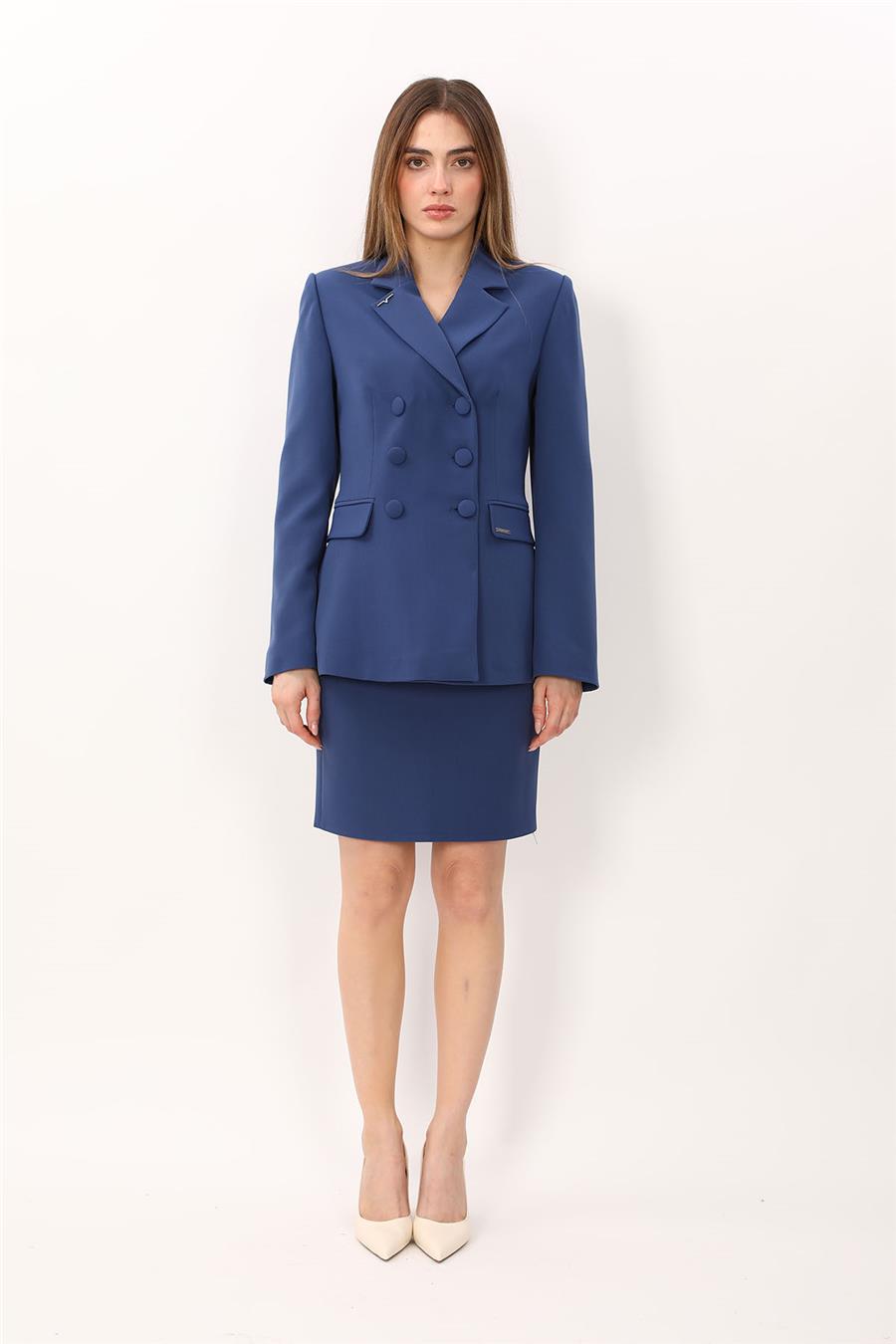 Düğmeli Klasik Blazer Ceket & Mini Yırtmaçlı Kısa Dar Etek Kadın Takım Elbise-İndigo - 1181502