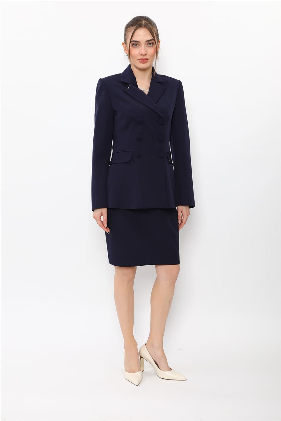 Düğmeli Klasik Blazer Ceket & Mini Yırtmaçlı Kısa Dar Etek Kadın Takım Elbise-Lacivert - 1181502