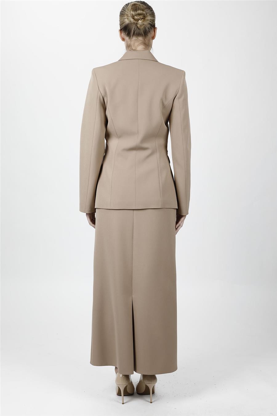 Düğmeli Klasik Blazer Ceket & Uzun Kalem Etek Kadın Takım Elbise-Taş - 1181553