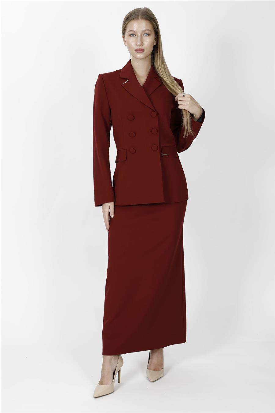 Düğmeli Klasik Blazer Ceket & Uzun Kalem Etek Kadın Takım Elbise-Bordo - 1181553