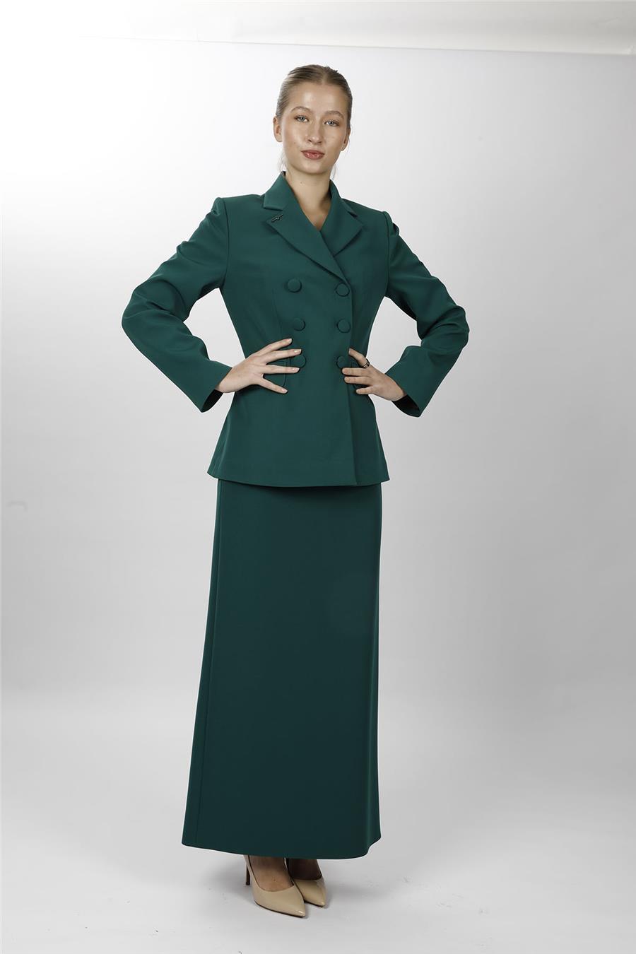 Düğmeli Klasik Blazer Ceket & Uzun Kalem Etek Kadın Takım Elbise-Zümrüt - 1181553