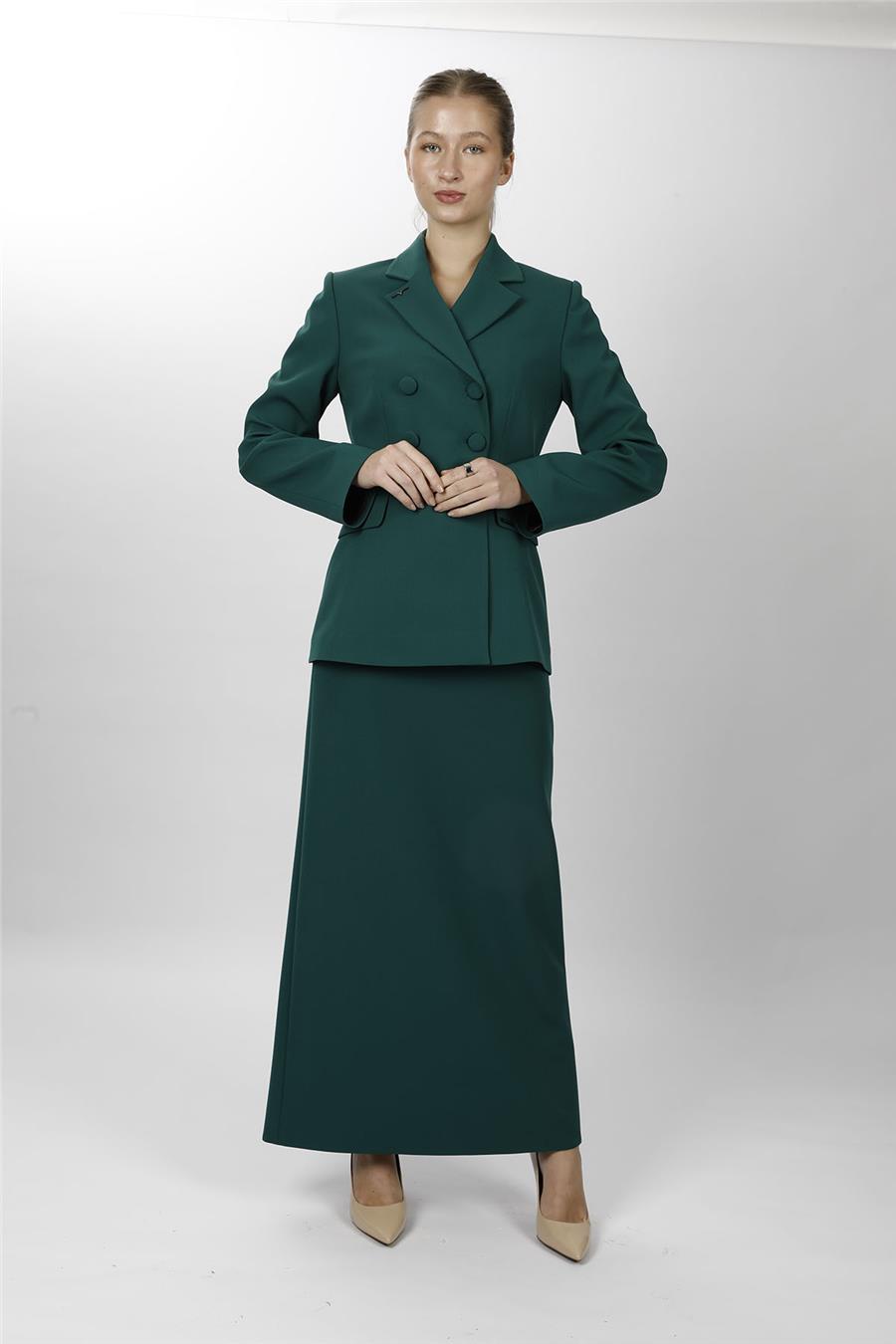 Düğmeli Klasik Blazer Ceket & Uzun Kalem Etek Kadın Takım Elbise-Zümrüt - 1181553