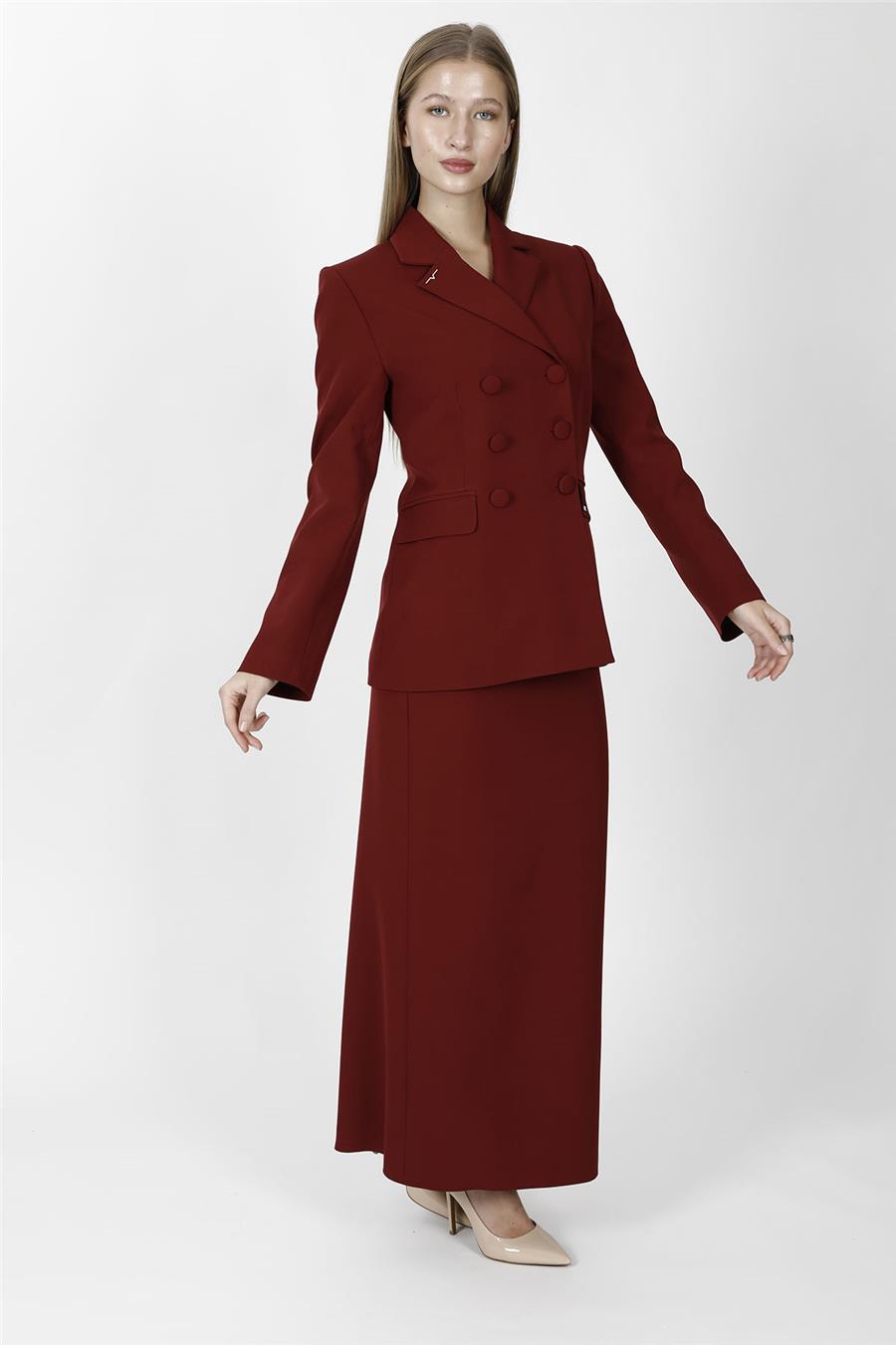 Düğmeli Klasik Blazer Ceket & Uzun Kalem Etek Kadın Takım Elbise-Bordo - 1181553
