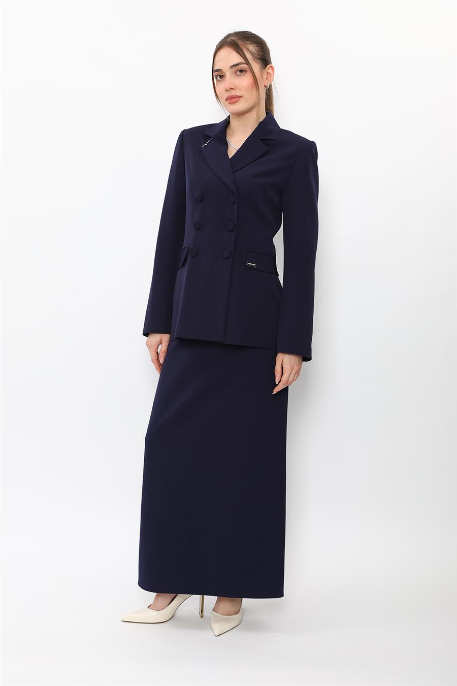 Düğmeli Klasik Blazer Ceket & Uzun Kalem Etek Kadın Takım Elbise-Lacivert - 1181553
