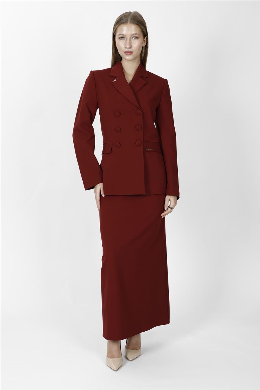 Düğmeli Klasik Blazer Ceket & Uzun Kalem Etek Kadın Takım Elbise-Bordo - 1181553