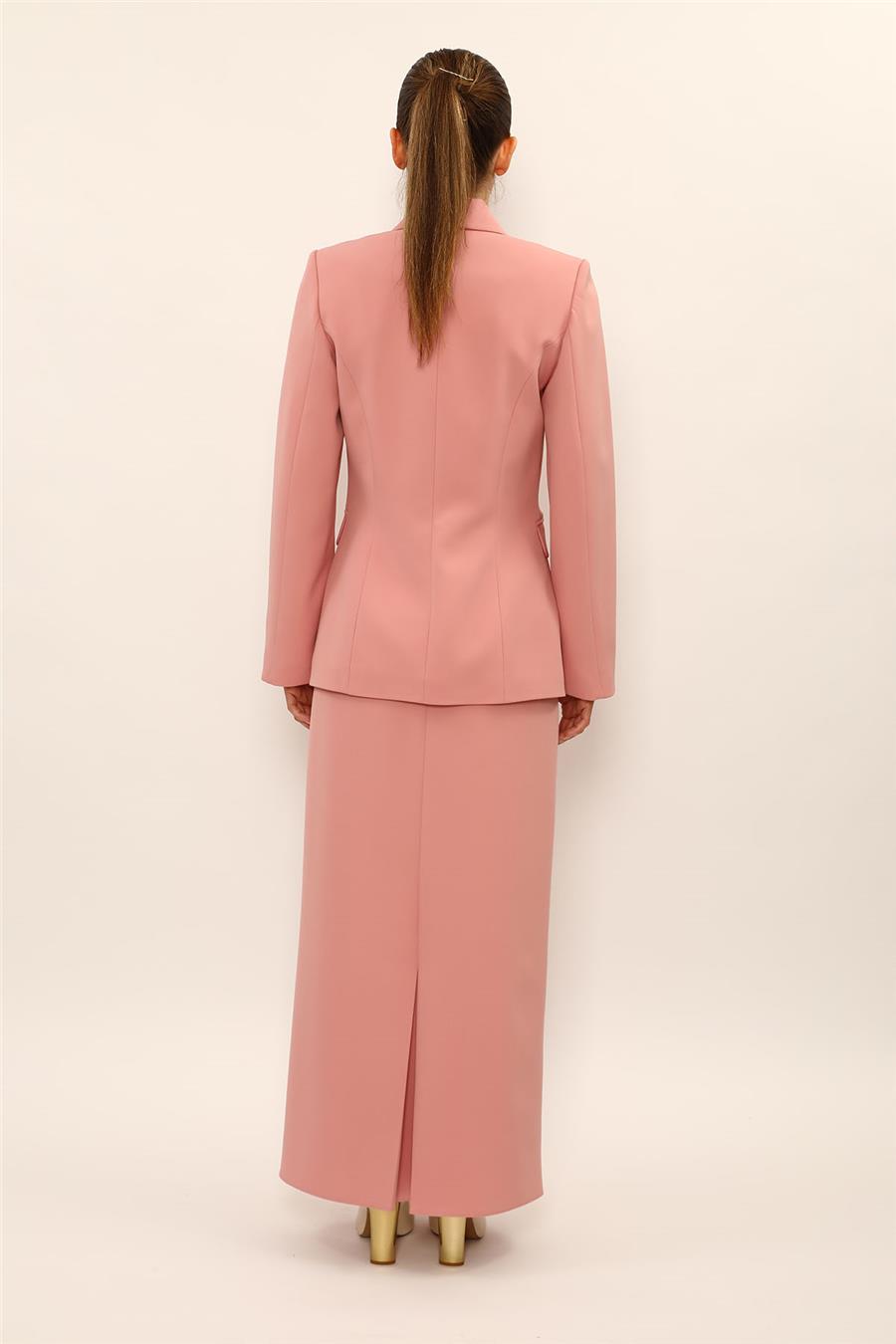 Düğmeli Klasik Blazer Ceket & Uzun Kalem Etek Kadın Takım Elbise-Pudra - 1181553
