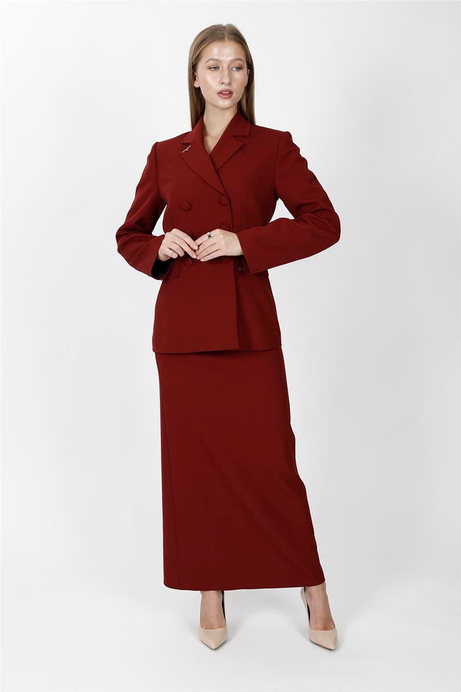 Düğmeli Klasik Blazer Ceket & Uzun Kalem Etek Kadın Takım Elbise-Bordo - 1181553