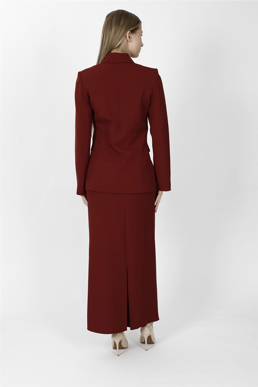 Düğmeli Klasik Blazer Ceket & Uzun Kalem Etek Kadın Takım Elbise-Bordo - 1181553