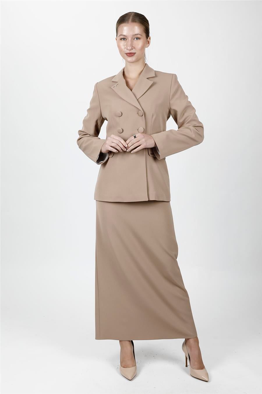 Düğmeli Klasik Blazer Ceket & Uzun Kalem Etek Kadın Takım Elbise-Taş - 1181553