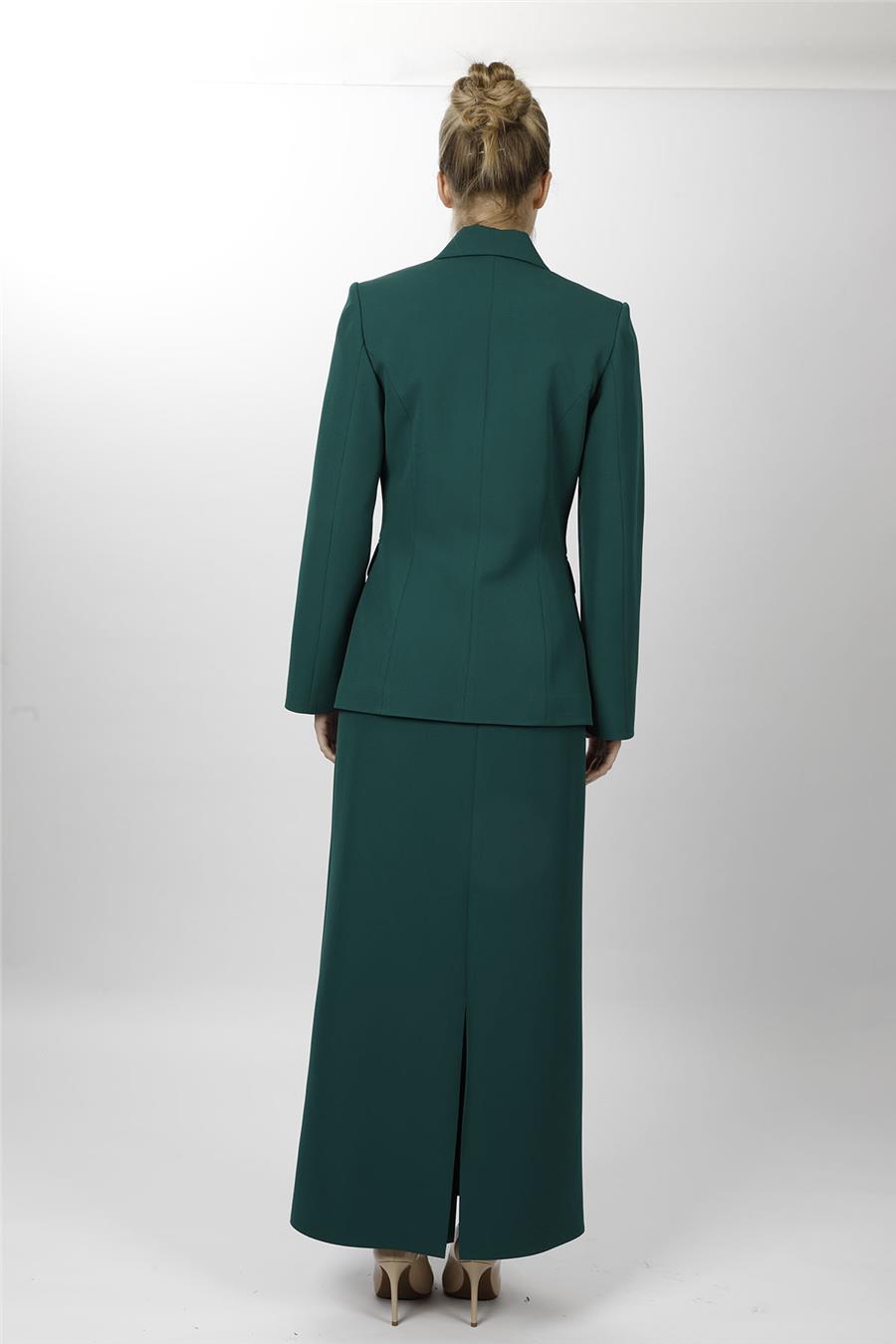 Düğmeli Klasik Blazer Ceket & Uzun Kalem Etek Kadın Takım Elbise-Zümrüt - 1181553