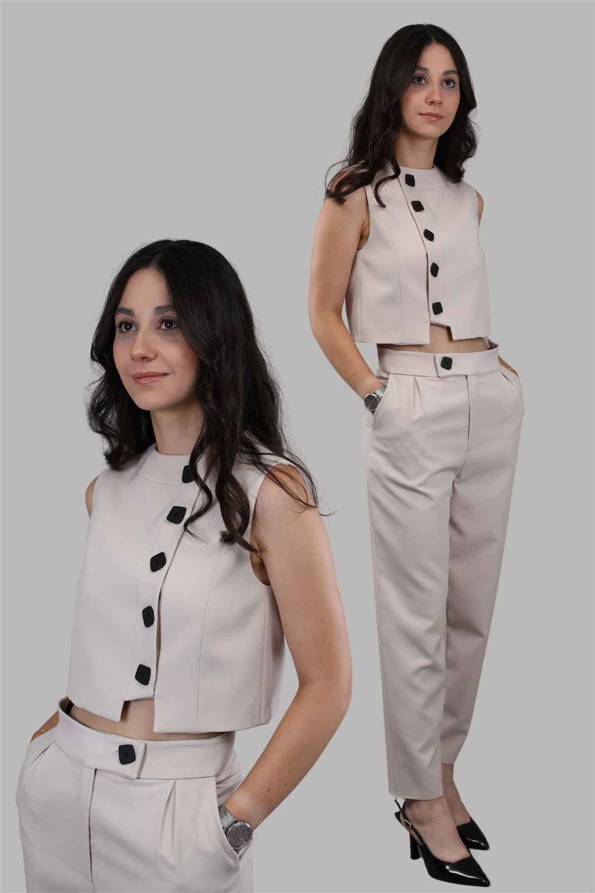 Düğmeli Yelek Takım-Bej