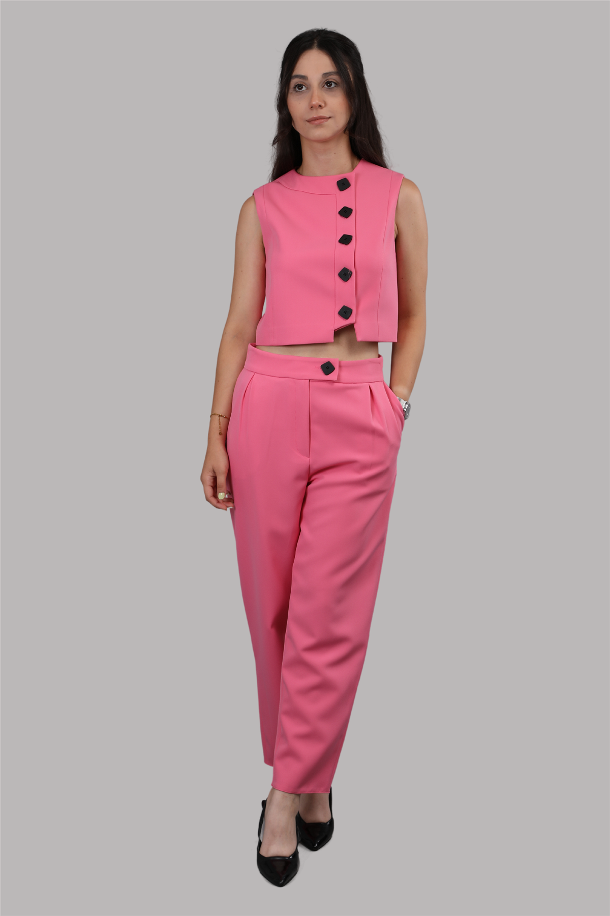 Düğmeli Yelek Takım-Pembe