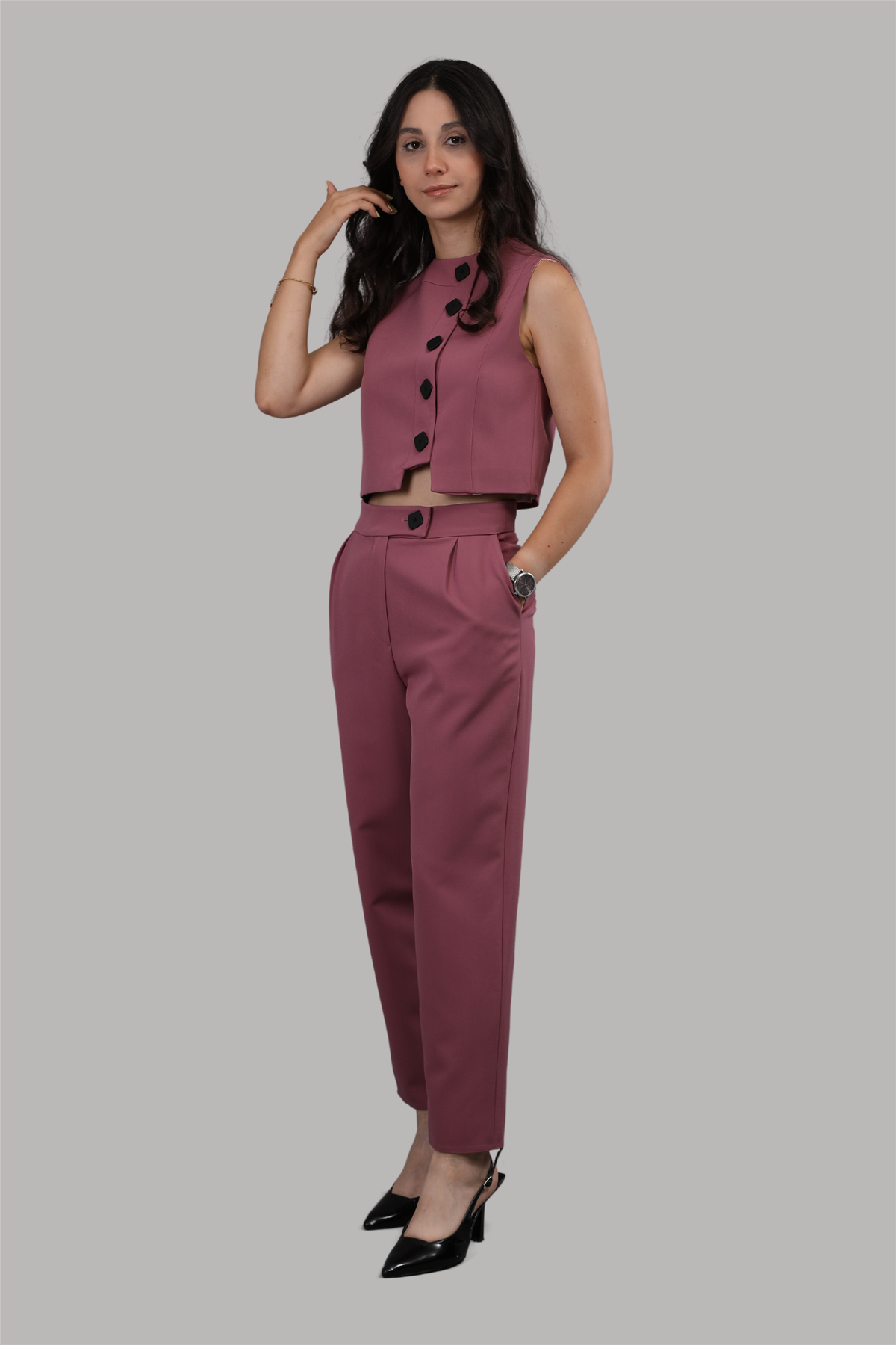Düğmeli Yelek Takım-Rose