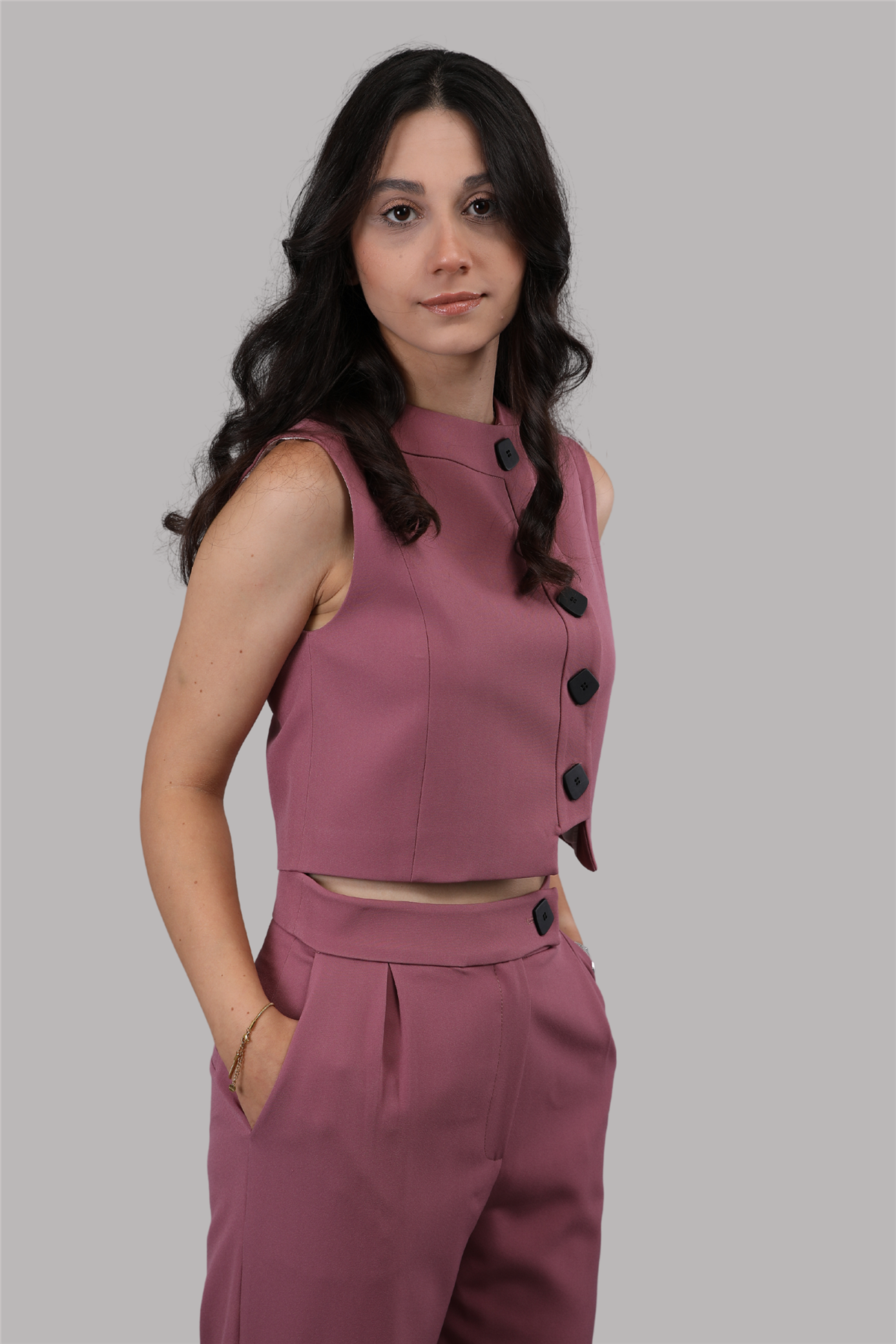 Düğmeli Yelek Takım-Rose
