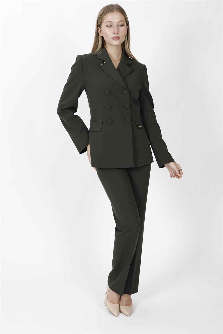 Erkek Yaka Blazer Ceket &  Kemerli Boru Paça Pantolon-Haki