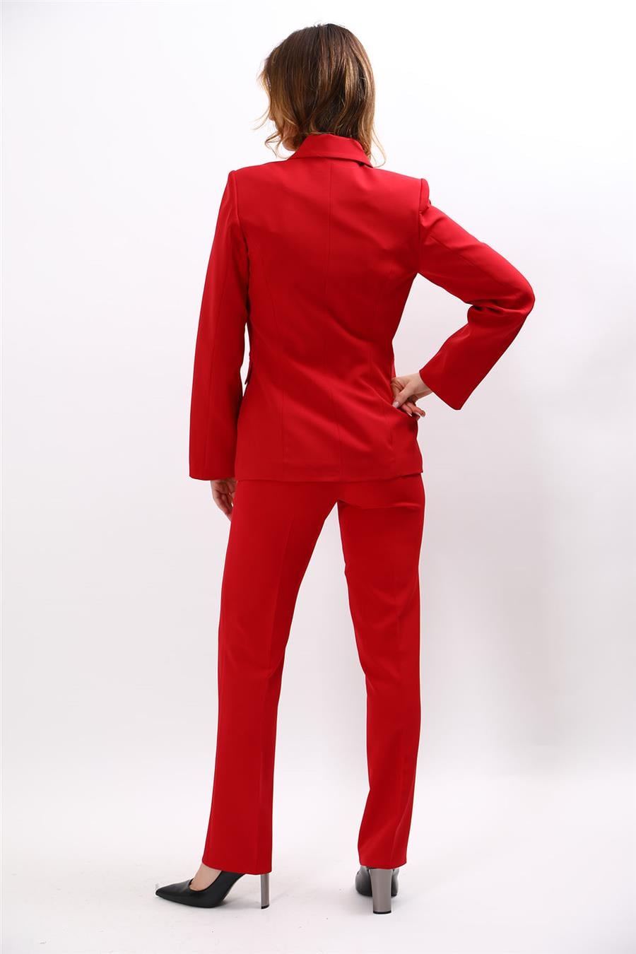 Erkek Yaka Blazer Ceket &  Kemerli Boru Paça Pantolon-Kırmızı