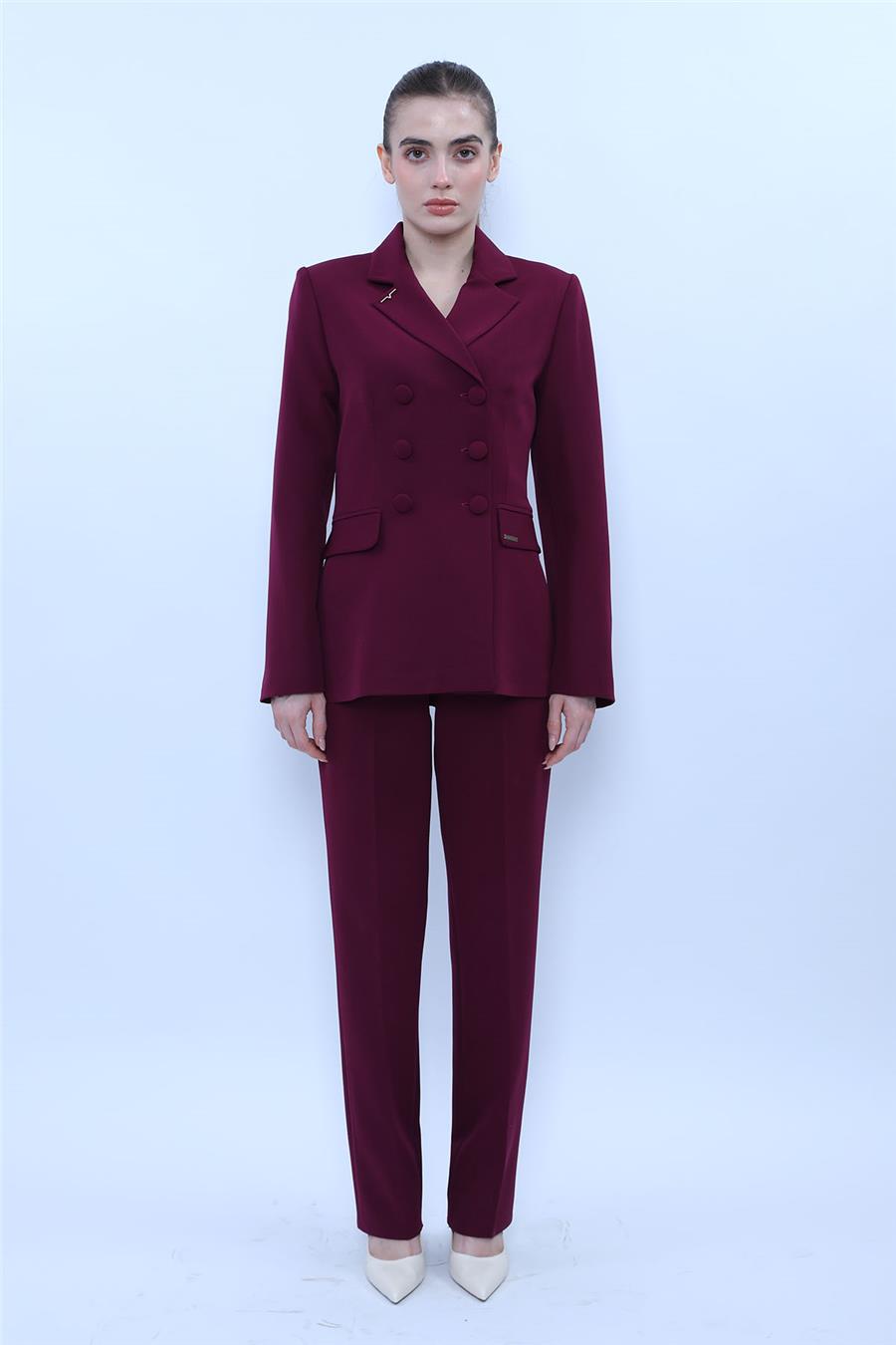 Erkek Yaka Blazer Ceket &  Kemerli Boru Paça Pantolon-Mürdüm
