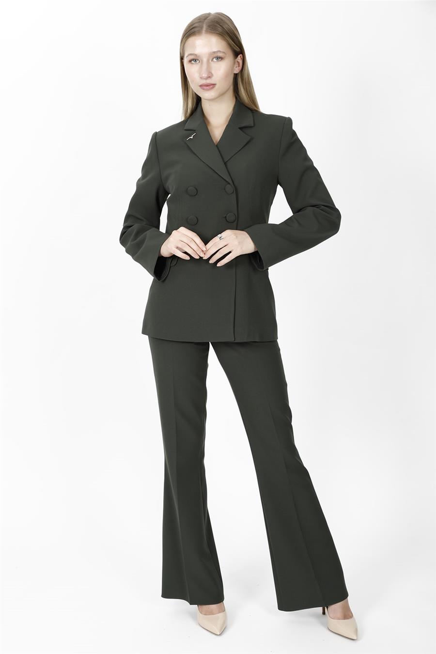 Erkek Yaka Blazer Ceket & Kemerli İspanyol Paça Pantolon-Haki