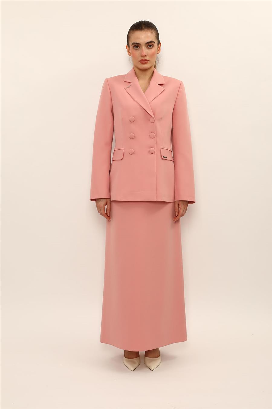Erkek Yaka Blazer Ceket & Kemerli Kare Cepli Çan Etek-Pudra