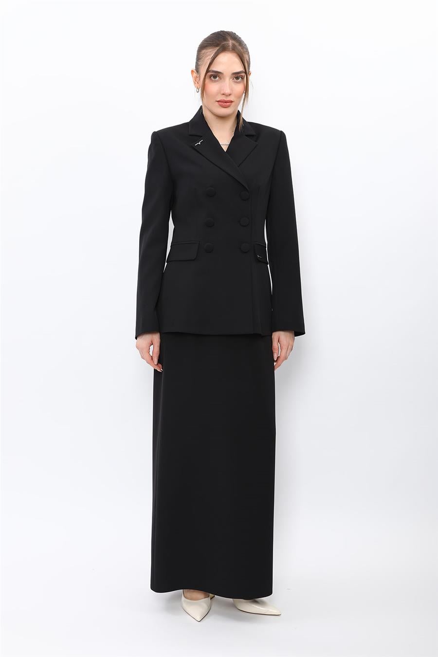 Erkek Yaka Blazer Ceket & Uzun Düz Dar Etek-Siyah