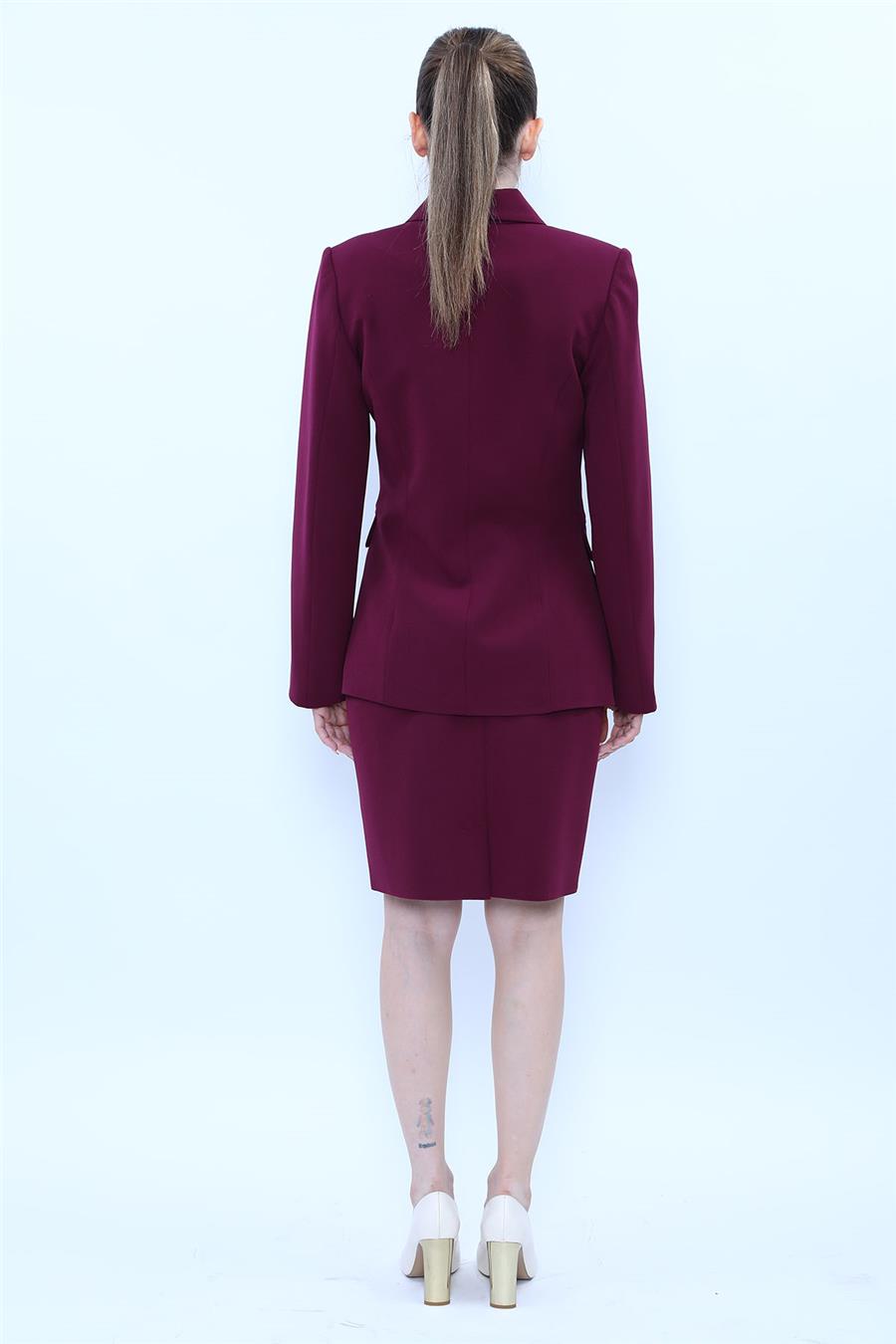Erkek Yaka Blazer Ceket & Yırtmaçlı Düz Dar Etek-Mürdüm