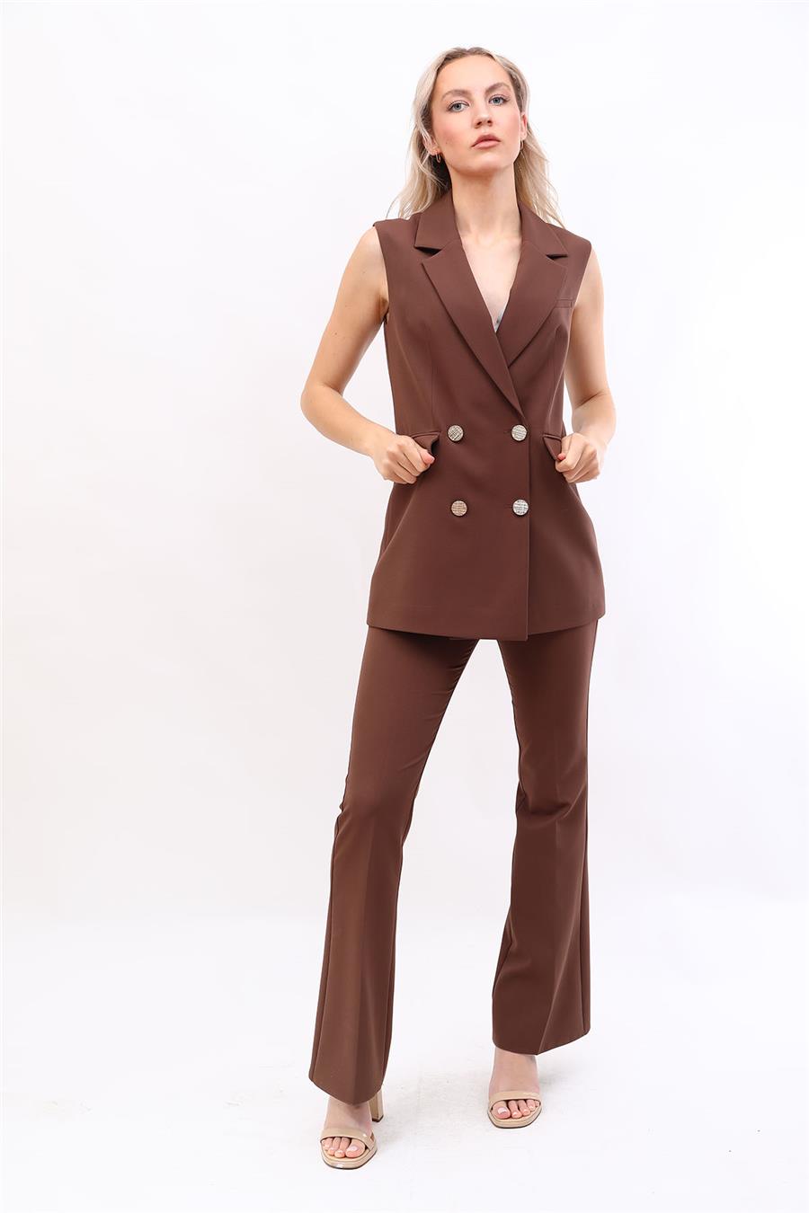 Erkek Yaka Blazer Yelek-Kestane