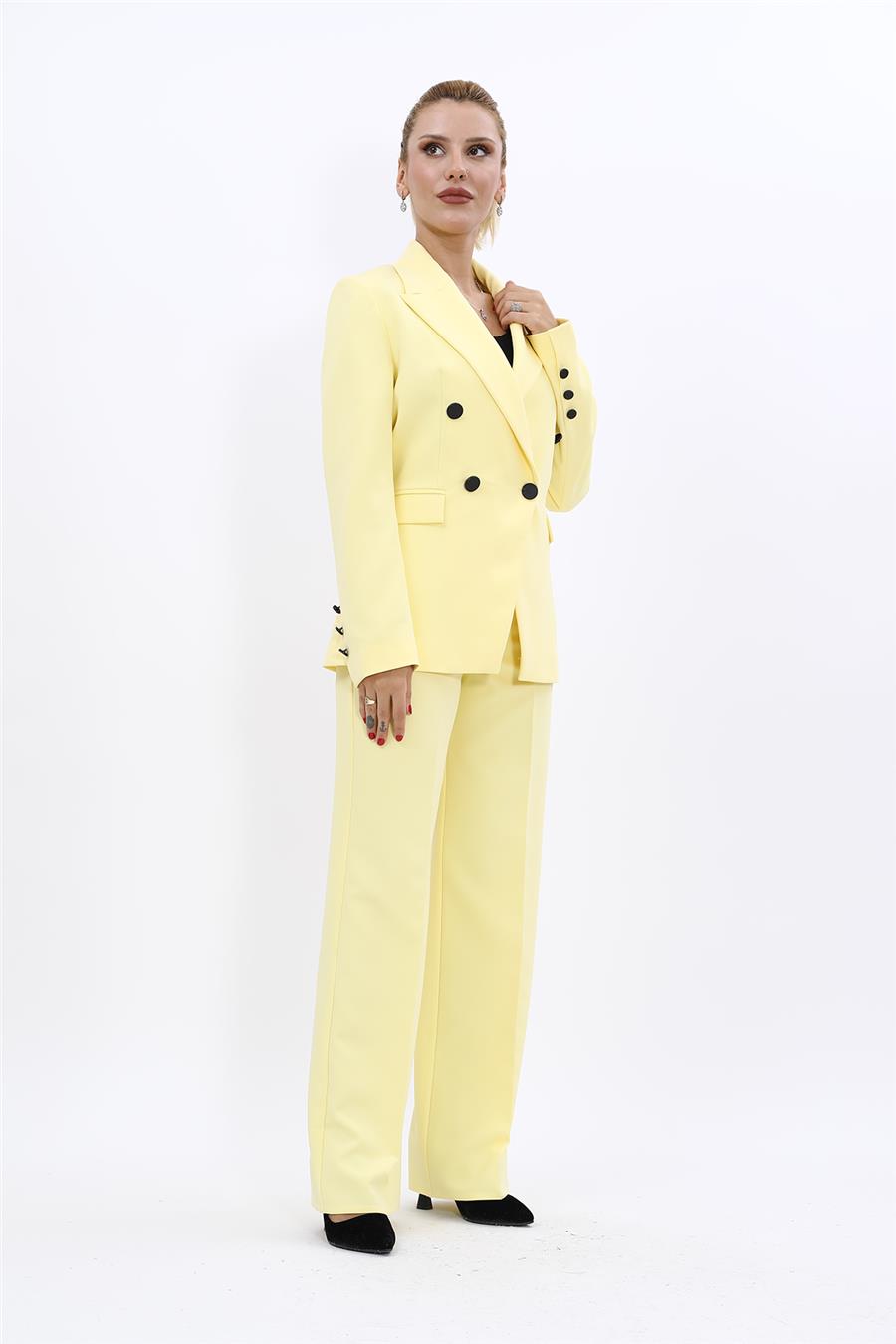 Erkek Yaka Çapraz Ceket & Bol Paça Pantolon-Sarı - 1047520