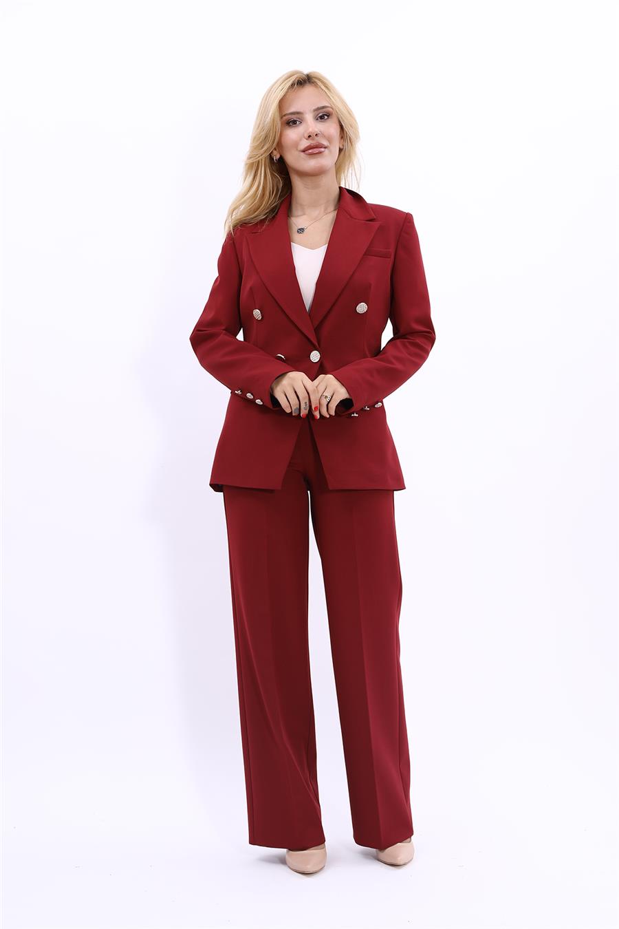 Erkek Yaka Çapraz Ceket & Bol Paça Pantolon-Bordo - 1047520